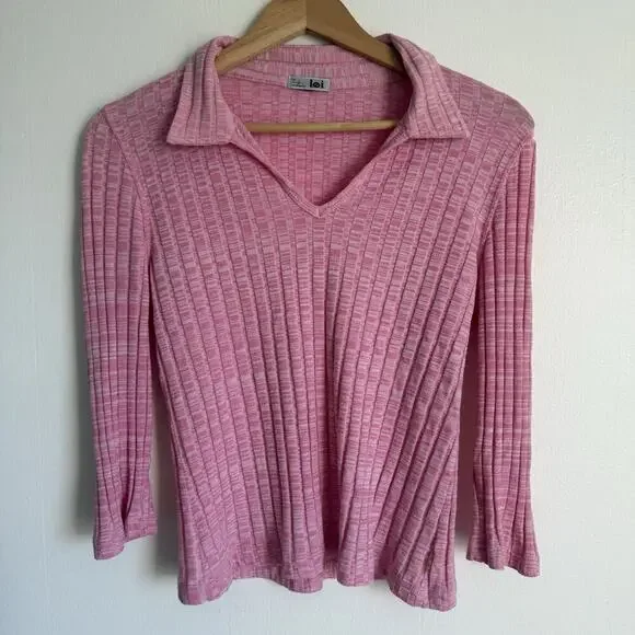 Vtg Y2K LEI Collared Shirt Pink Ribbed Coquette M Bella Swan Preppy Indie Sleaze - Picture 4 of 10